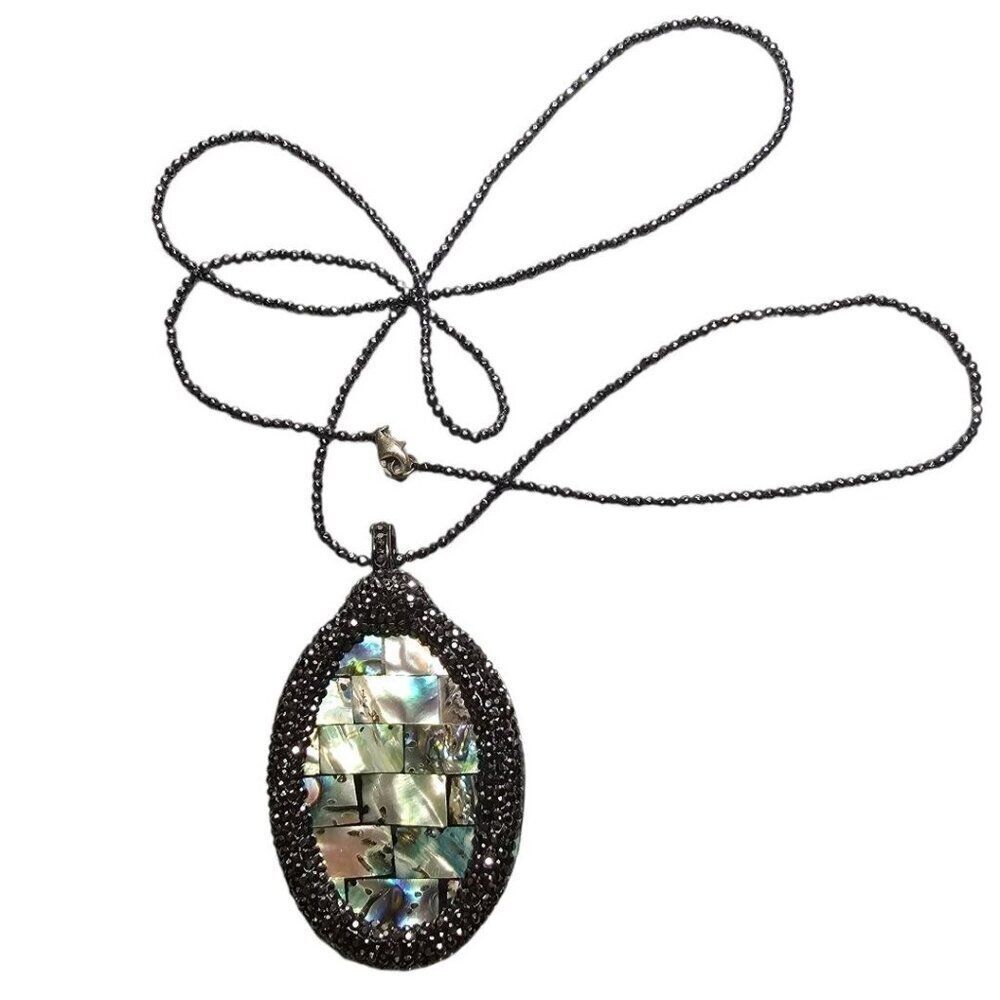 Abalone Shell and Pave Drop Pendant Necklace 16"